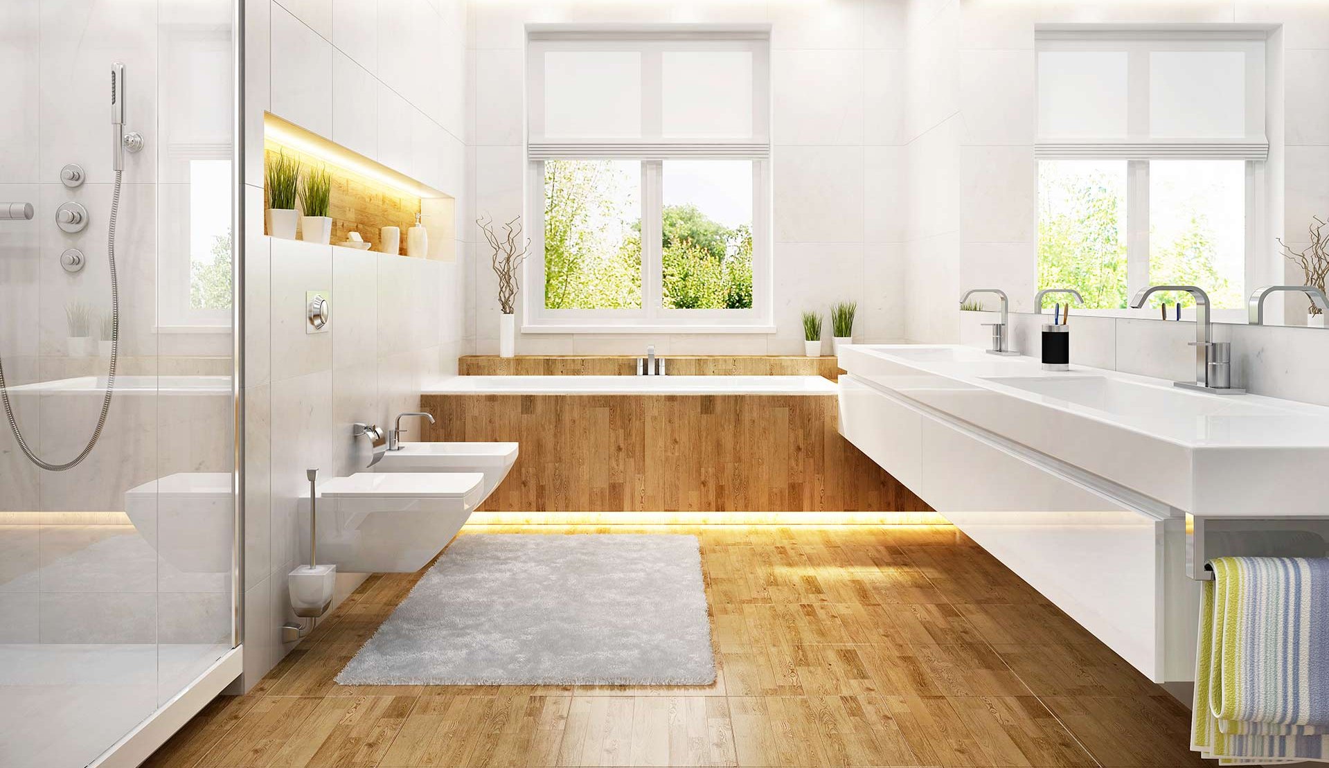 Helles, modernes Badezimmer mit Holzboden und freistehender Badewanne mit Blick auf einen grünen Garten.
