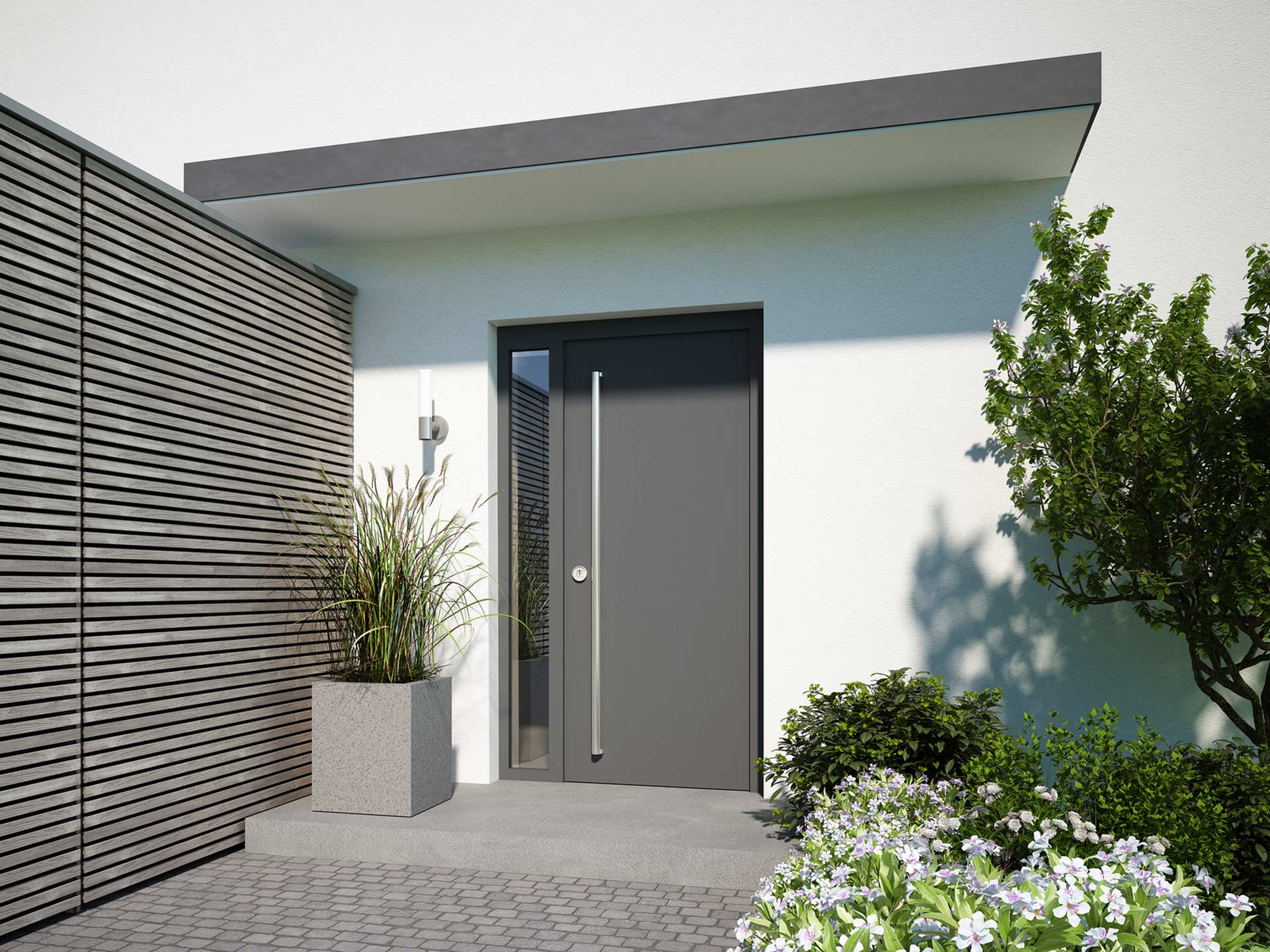 Smart Home Sicherheitssysteme für Haustüren Haustür mit integriertem Smart Home Sicherheitssystem, das per Smartphone gesteuert wird.
