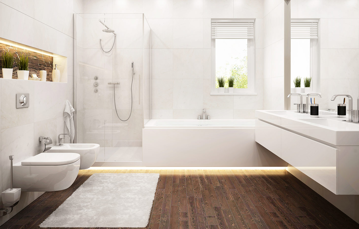 Parkettboden im modernen Badezimmer modernes helles Bad mit dunklem Holzboden
