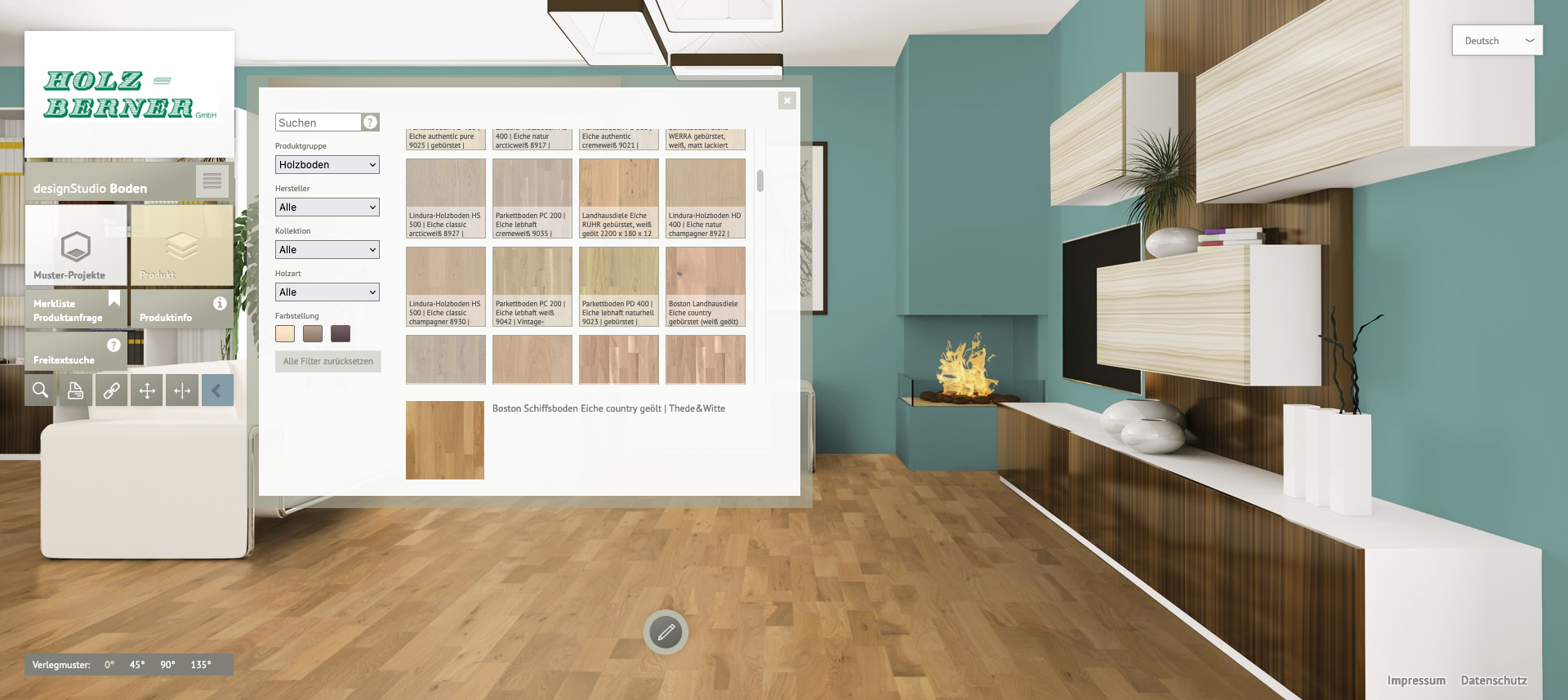 Interaktiver Bodenplaner in einer modernen Raumumgebung mit Auswahl an Holzböden. Holz-Berner's innovative Raumvisualisierung ermöglicht das virtuelle Ausprobieren verschiedener Bodenbeläge.