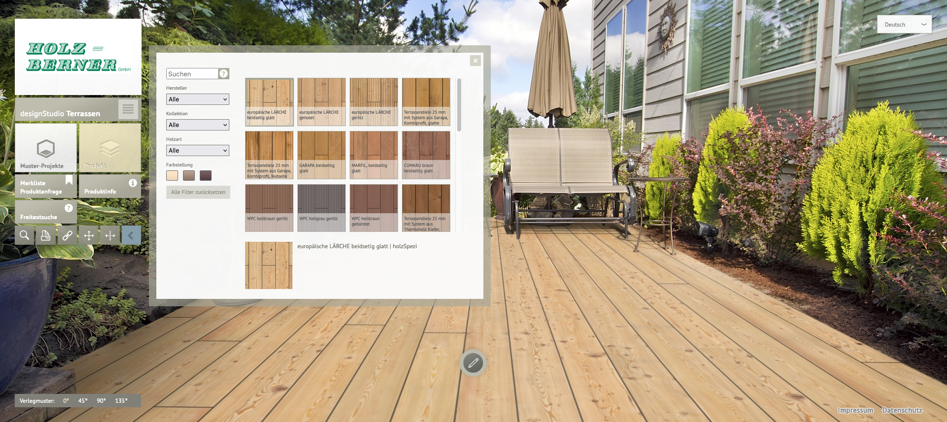 Virtueller Terrassenplaner von Holz-Berner mit einer Auswahl an Terrassendielen im Hinterhofambiente. Kunden können Holztypen für ihre Außenbereiche virtuell anpassen und das Ergebnis in einer realistischen Gartenansicht betrachten.