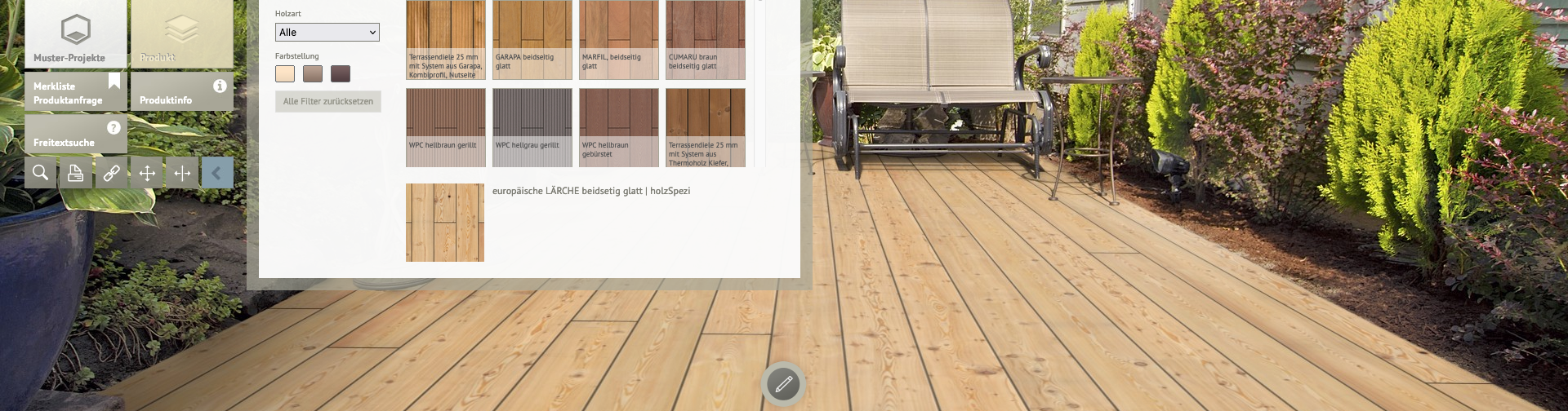 Holz-Berner Terrassen-Konfigurator – Gestalten Sie Ihre Außenterrasse Virtueller Terrassenplaner von Holz-Berner mit einer Auswahl an Terrassendielen im Hinterhofambiente. Kunden können Holztypen für ihre Außenbereiche virtuell anpassen und das Ergebnis in einer realistischen Gartenansicht betrachten.