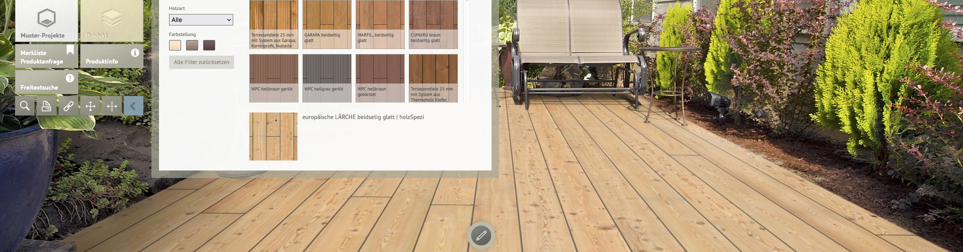 Virtueller Terrassenplaner von Holz-Berner mit einer Auswahl an Terrassendielen im Hinterhofambiente. Kunden können Holztypen für ihre Außenbereiche virtuell anpassen und das Ergebnis in einer realistischen Gartenansicht betrachten.
